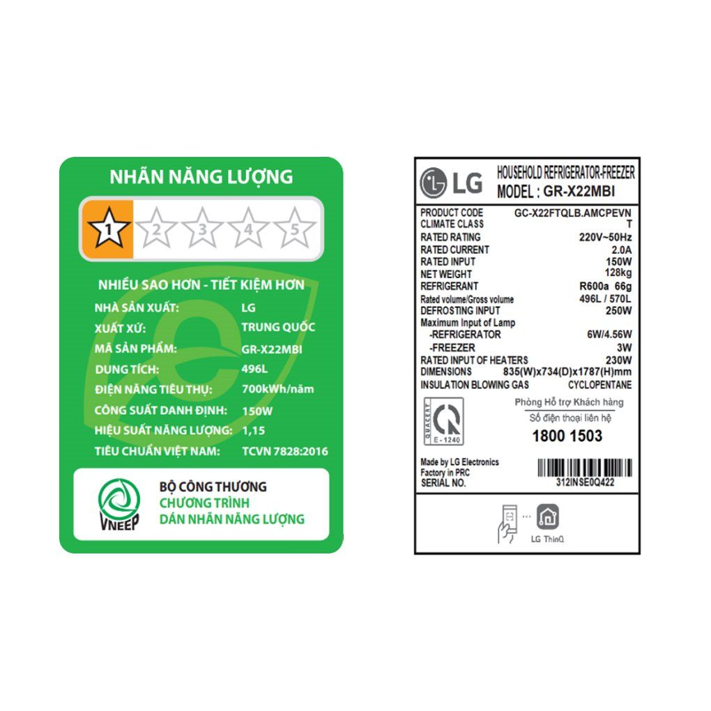 Tủ lạnh LG Inverter 496 lít Multi Door InstaView Door in Door GR-X22MBI