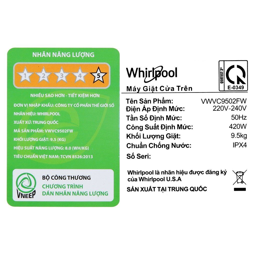 Máy giặt Whirlpool 9.5 kg VWVC9502FW