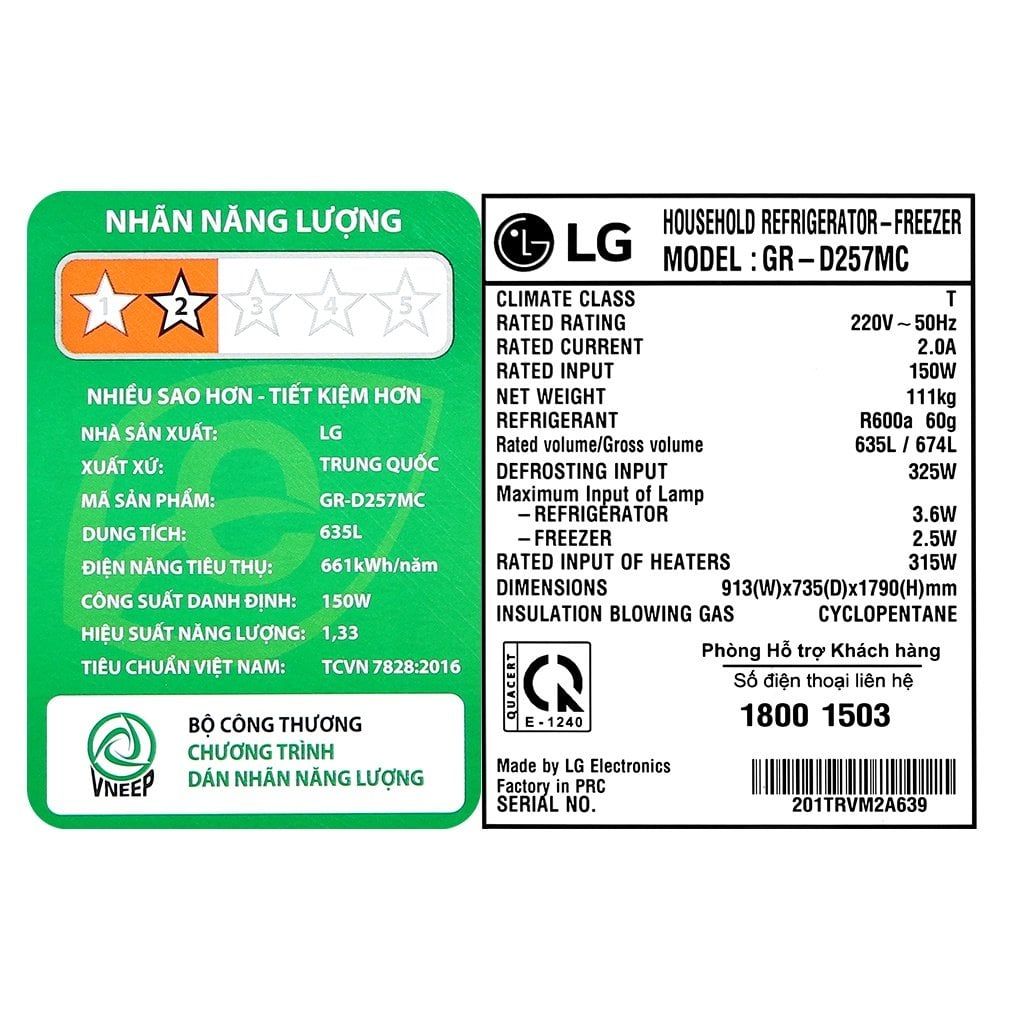 Tủ lạnh LG Inverter 635 Lít GR-D257MC