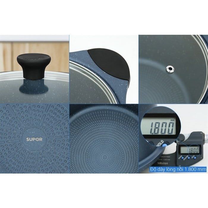 Bộ 3 nồi đúc (quánh) nhôm chống dính nắp kính Supor DuraRock H23102-T1, vân đá xanh - Hàng chính hãng