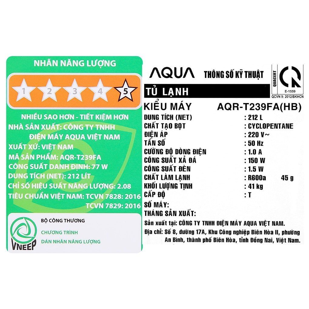 Tủ lạnh Aqua Inverter 212 lít AQR-T239FA(HB)