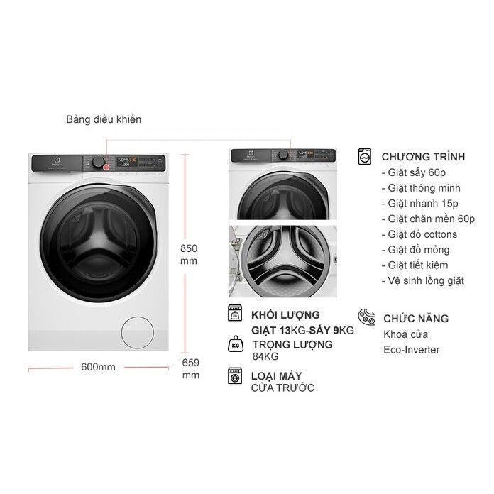 Máy Giặt Sấy Lồng Ngang Electrolux Inverter 13kg sấy 9kg EWW1343R7WC [Giao lắp miễn phí HCM] Hàng Chính Hãng, Mới 100%