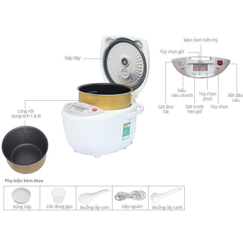Nồi cơm điện tử Midea 1.8 lít MB-FS5018 - Chính Hãng, Mới, Full Box