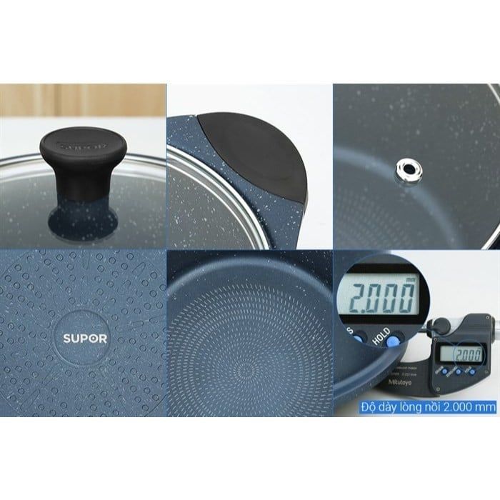 Bộ 3 nồi đúc (quánh) nhôm chống dính nắp kính Supor DuraRock H23102-T1, vân đá xanh - Hàng chính hãng