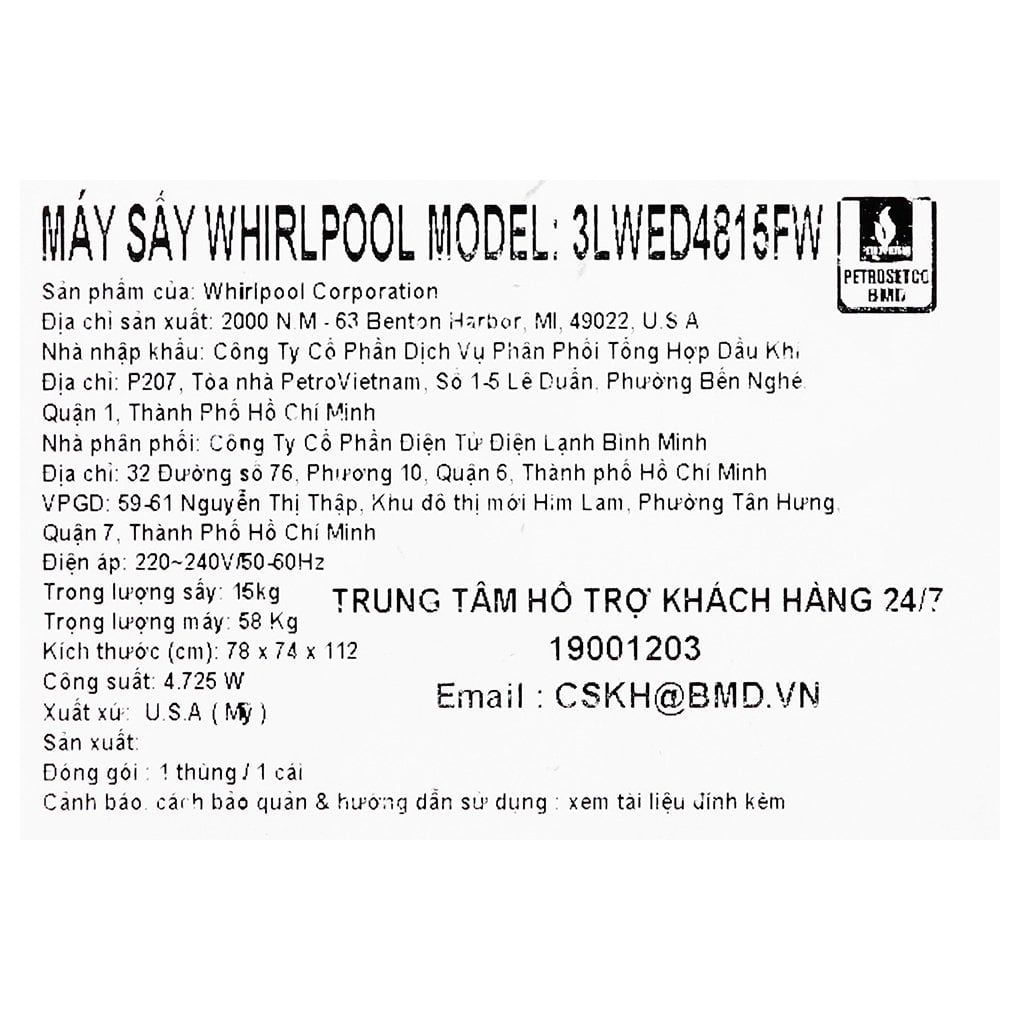 Máy Sấy Thông Hơi Lồng Ngang Whirlpool 15 Kg 3LWED4815FW0