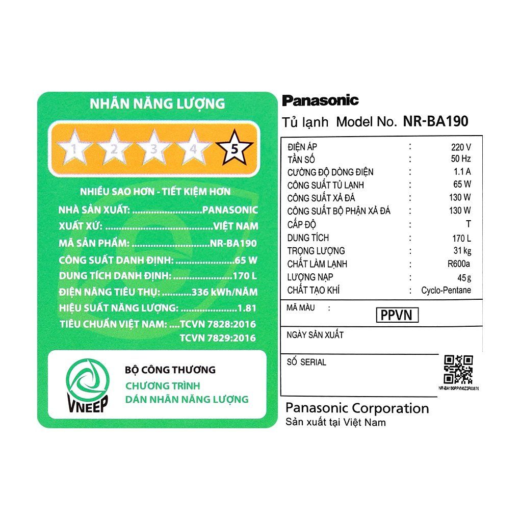 Tủ lạnh Panasonic Inverter 170 lít NR-BA190PPVN