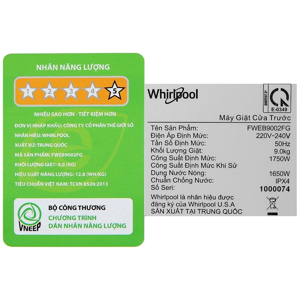Máy giặt Whirlpool Inverter 9 kg FWEB9002FG