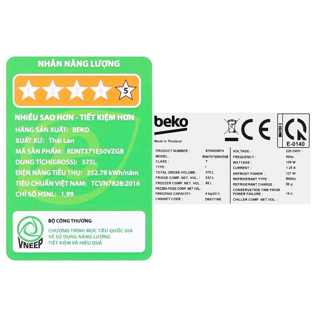Tủ lạnh Beko Inverter 340 lít RDNT371E50VZGB [MIỄN PHÍ GIAO HÀNG - LẮP ĐẶT]