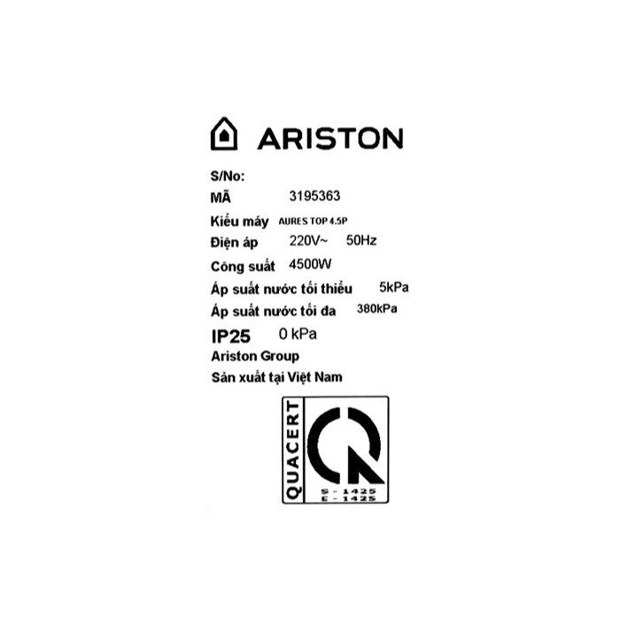 Máy nước nóng trực tiếp Ariston 4500W AURES TOP 4.5P Bơm trợ lực, kèm theo vòi sen