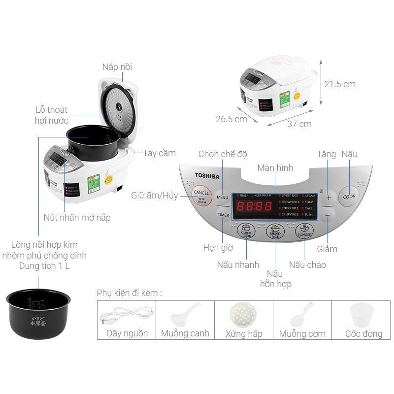 Nồi cơm điện tử Toshiba 1 lít RC-10DH2PV(W) - Chính Hãng, Mới, Full Box