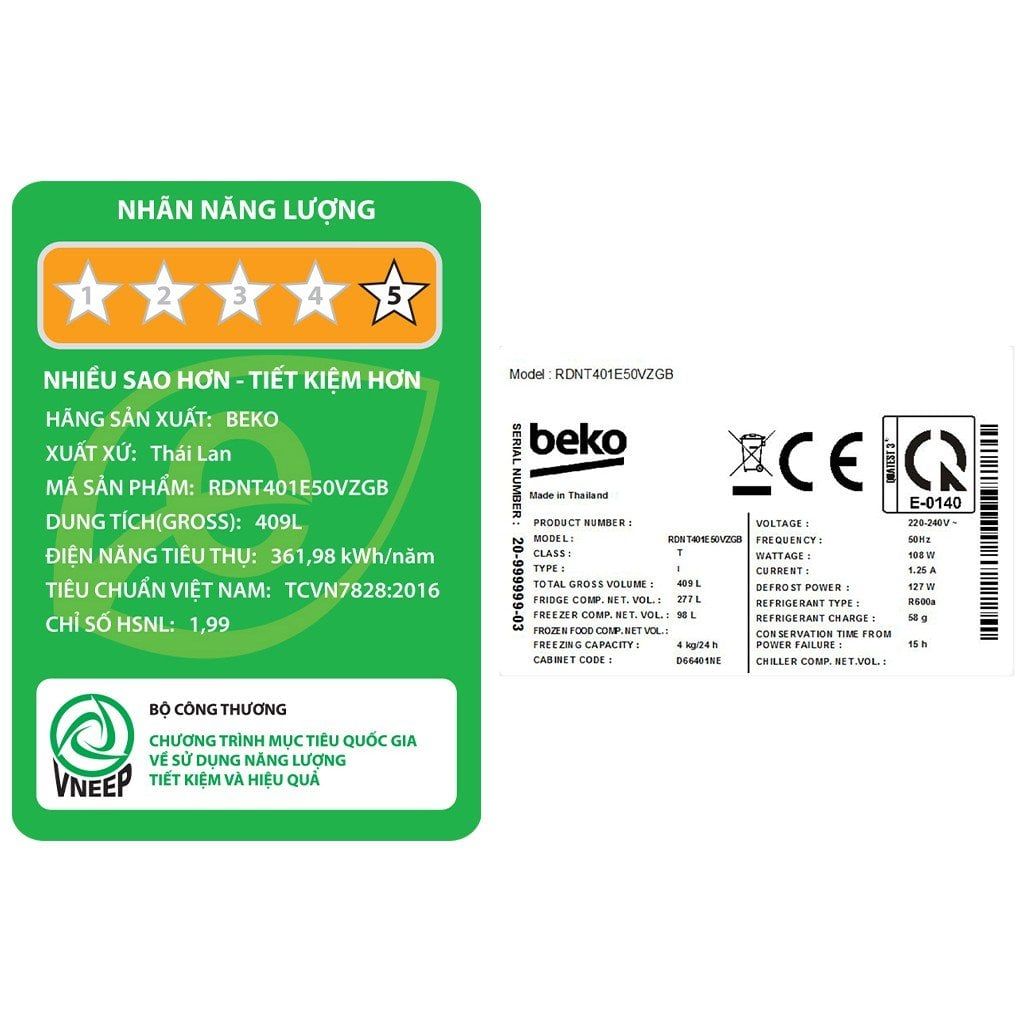 Tủ lạnh Beko Inverter 375 lít RDNT401E50VZGB [MIỄN PHÍ GIAO HÀNG - LẮP ĐẶT]
