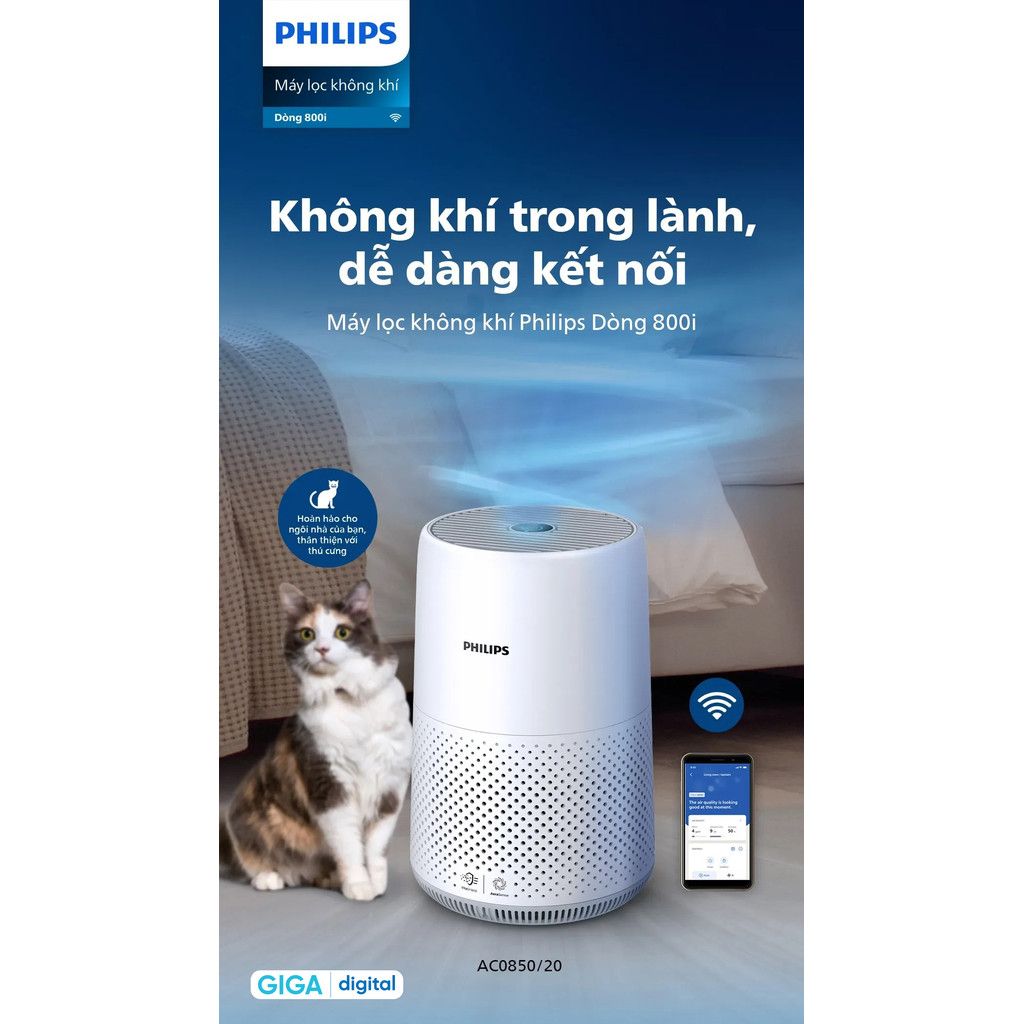 Máy lọc không khí Philips AC0850/20 - Phạm vị lọc 49m2 - Kiểm soát và theo dõi chất lượng không khí qua app Air+