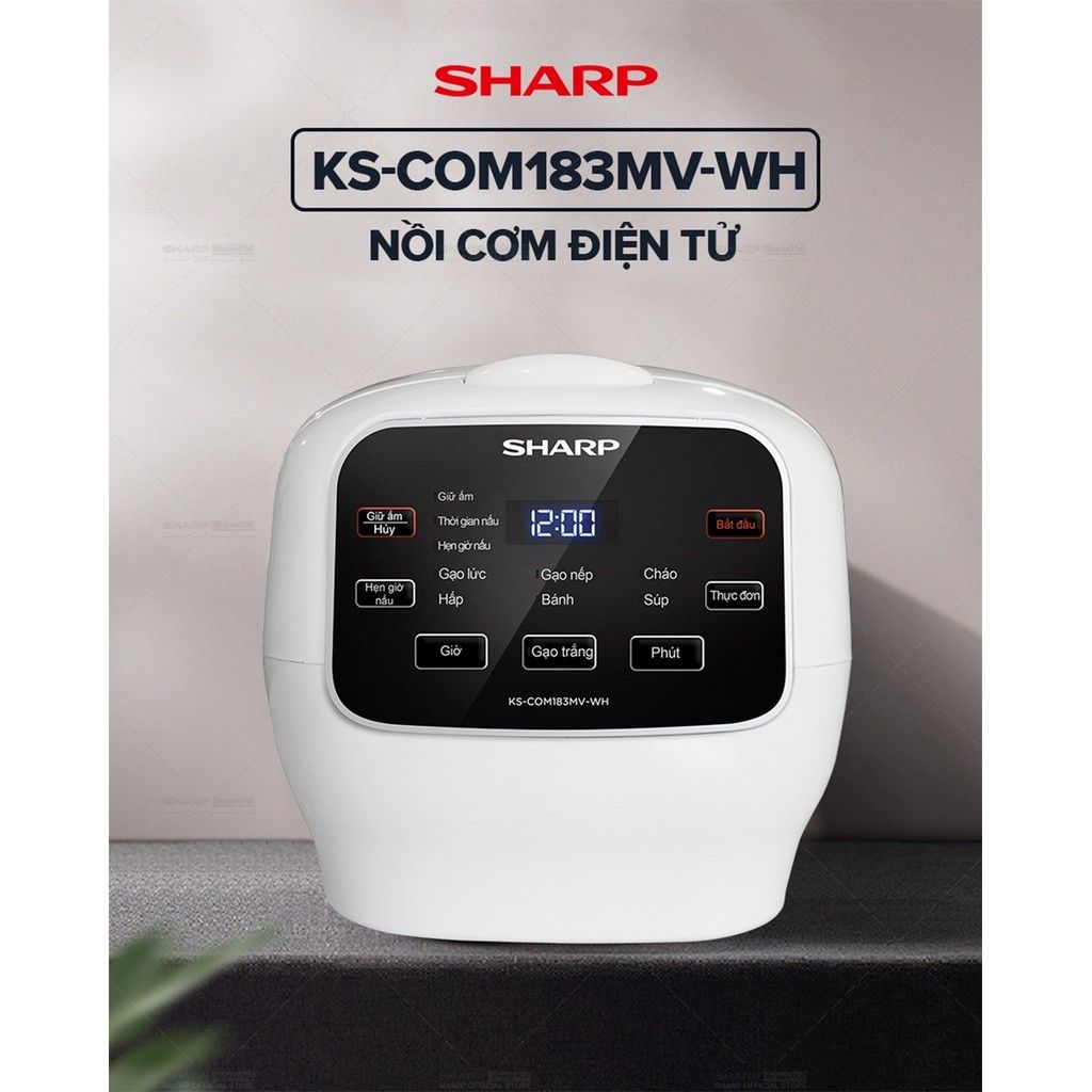 Nồi cơm điện tử Sharp 1.8 lít KS-COM183MV-WH Nồi Cơm Loại Tốt Bền, Đa Năng, Công Suất 835W, Chống Dính