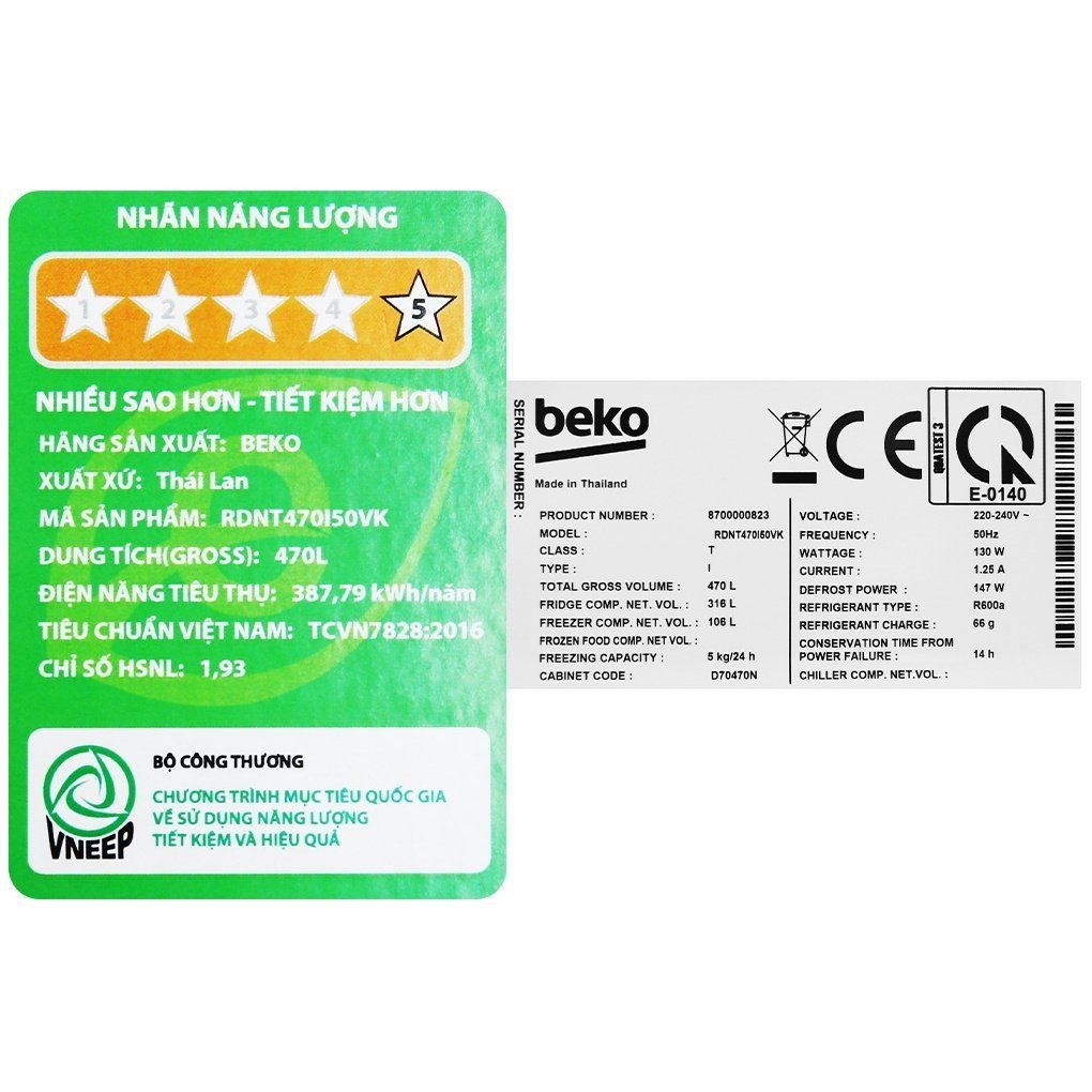 Tủ lạnh Beko Inverter 422 lít RDNT470I50VK