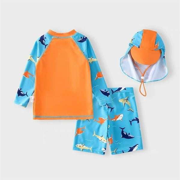 T1 - Set bơi tay dài cá mập kèm nón che gáy bé trai