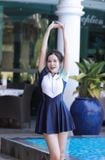  S16 - Set bơi nữ liền váy Blue Sky Cao Cấp 