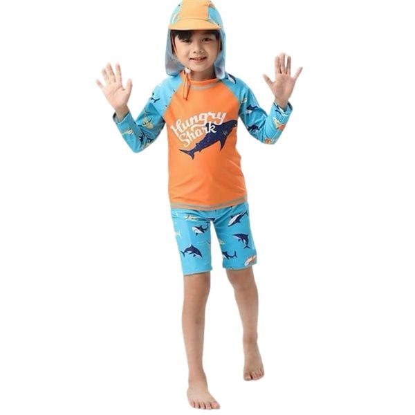 T1 - Set bơi tay dài cá mập kèm nón che gáy bé trai