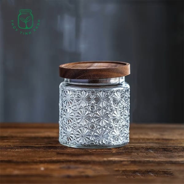 Hũ trụ tròn phong cách Vintage họa tiết bông tuyết khối nắp gỗ nhấn kin
