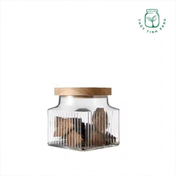 Hũ trụ vuông phong cách Vintage họa tiết nổi sóng dọc nắp gỗ lõm nhấn kín