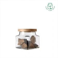 Hũ trụ vuông phong cách Vintage họa tiết nổi sóng dọc nắp gỗ lõm nhấn kín