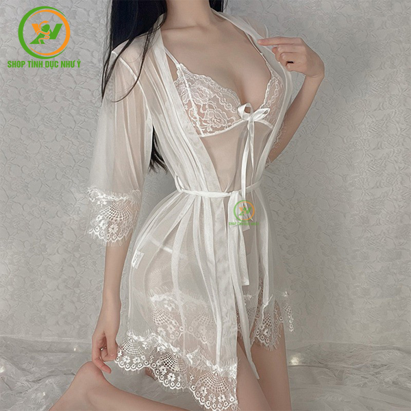 Bộ váy ngủ ren mềm xuyên thấu gợi cảm kèm áo choàng