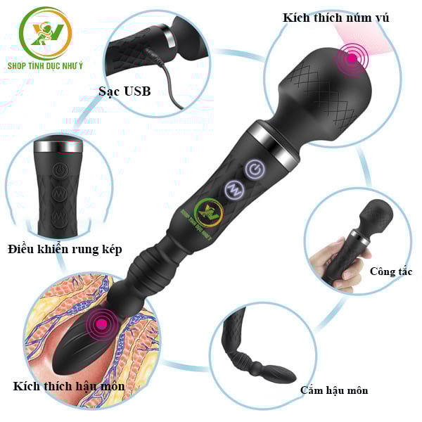 Chày rung 2 đầu chức năng kích thích âm đạo và hậu môn cực mạnh