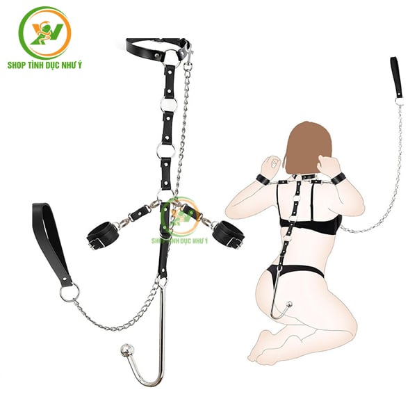 Đồ chơi bạo dâm BDSM còng cổ còng tay kèm móc câu chơi lỗ hậu