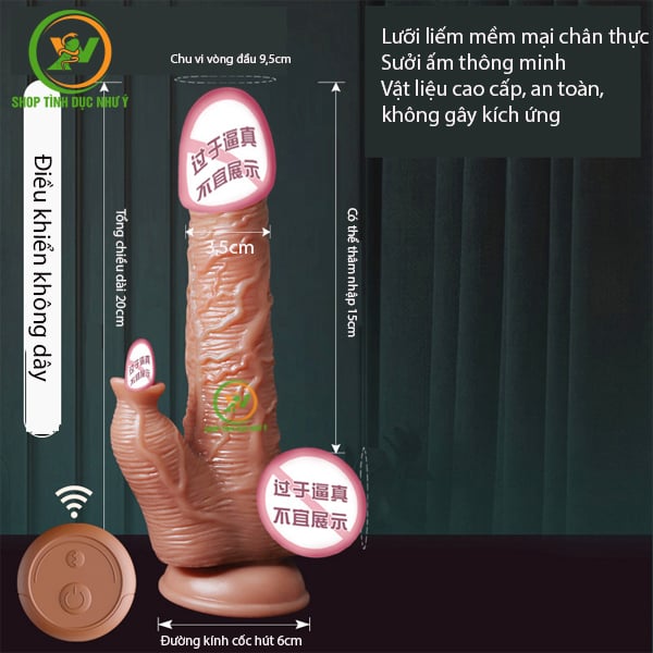 Dương vật giả 2 đầu thụt kèm lưỡi liếm điều khiển không dây