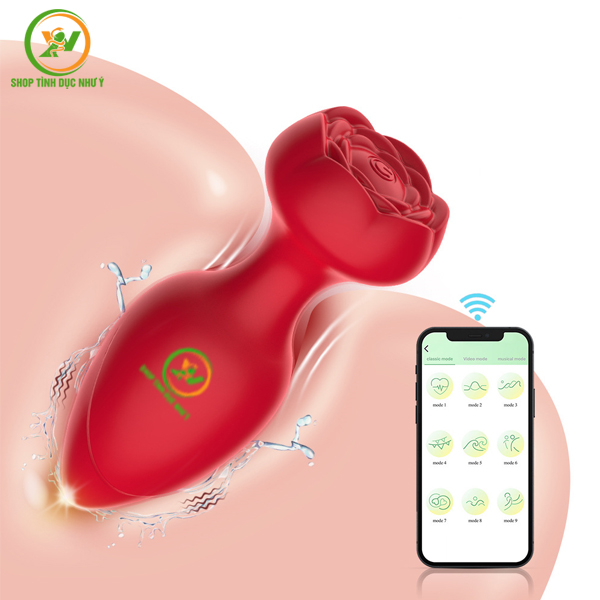 Phích cắm hậu môn đế hoa hồng rung 9 tần số điều khiển APP