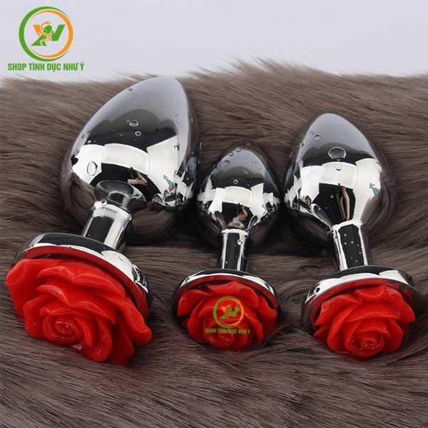 Phích cắm hậu môn Inox đế hình tròn đính hoa hồng đủ size