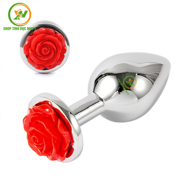 Phích cắm hậu môn Inox đế hình tròn đính hoa hồng đủ size
