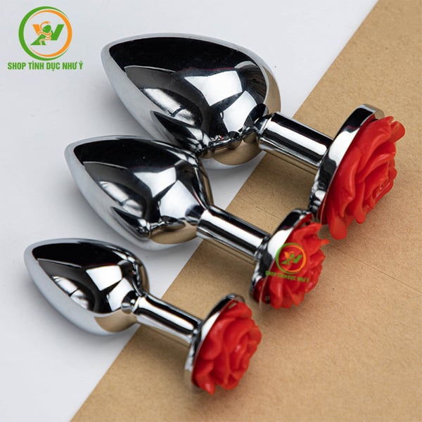 Phích cắm hậu môn Inox đế hình tròn đính hoa hồng đủ size
