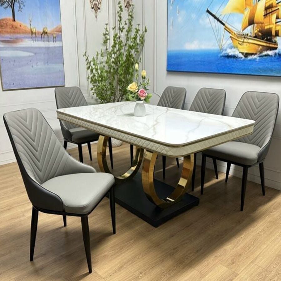 Bộ Bàn Ăn Mặt Đá Luxury + Ghế Sunny - Đỉnh Cao Sang Trọng Cho Không Gian Sống