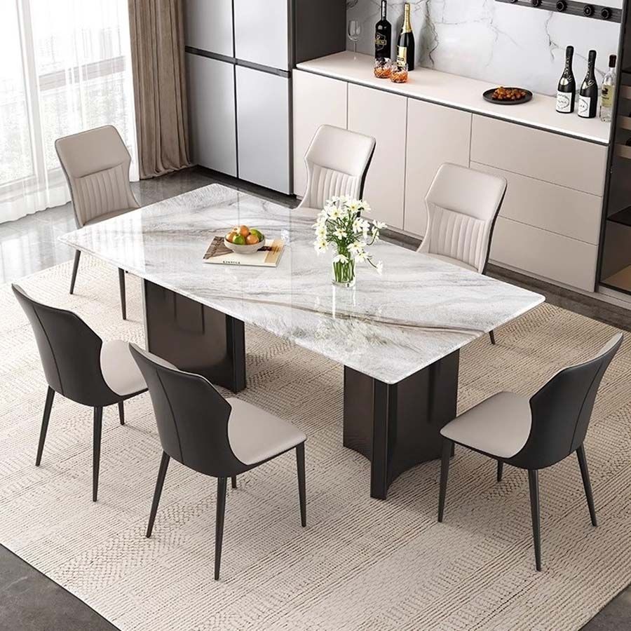 Bàn Ăn Mặt Đá Bạch Ngọc Tinh Thể – Khung Inox Mạ Niken Sang Trọng Cho Phòng Ăn