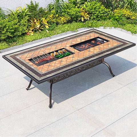 Bàn Sân Vườn Chữ Nhật Mặt Đá Có 2 Bếp Nướng LHB04 - Sự Kết Hợp Hoàn Hảo Cho Không Gian Ngoại Thất