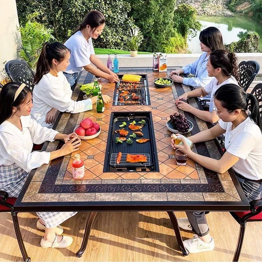 Bàn Sân Vườn Chữ Nhật Mặt Đá Có 2 Bếp Nướng LHB04 - Sự Kết Hợp Hoàn Hảo Cho Không Gian Ngoại Thất