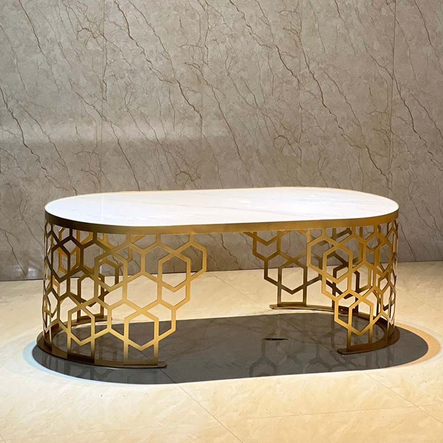 Bàn Trà Hình Oval Chân Mạ Vàng Hình Tổ Ong LHB17 - Vẻ Đẹp Sang Trọng Cho Phòng Khách