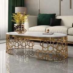Bàn Trà Hình Oval Chân Mạ Vàng Hình Tổ Ong LHB17 - Vẻ Đẹp Sang Trọng Cho Phòng Khách