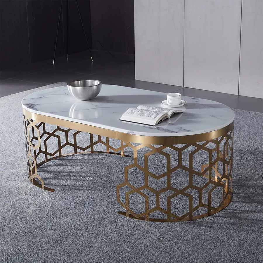 Bàn Trà Hình Oval Chân Mạ Vàng Hình Tổ Ong LHB17 - Vẻ Đẹp Sang Trọng Cho Phòng Khách