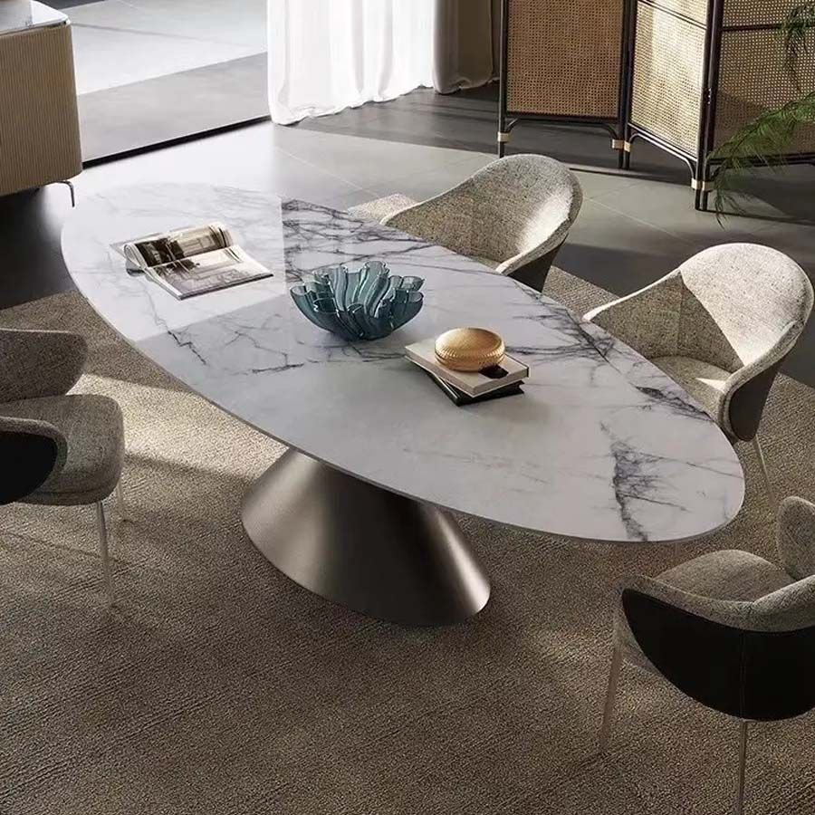 Bàn Ăn Oval Kiểu Ý Cao Cấp – Mặt Đá Ceramic, Chân Inox Tráng Gương Hình Nón Úp Ngược, Sang Trọng Và Đẳng Cấp
