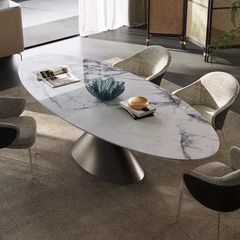 Bàn Ăn Oval Kiểu Ý Cao Cấp – Mặt Đá Ceramic, Chân Inox Tráng Gương Hình Nón Úp Ngược, Sang Trọng Và Đẳng Cấp