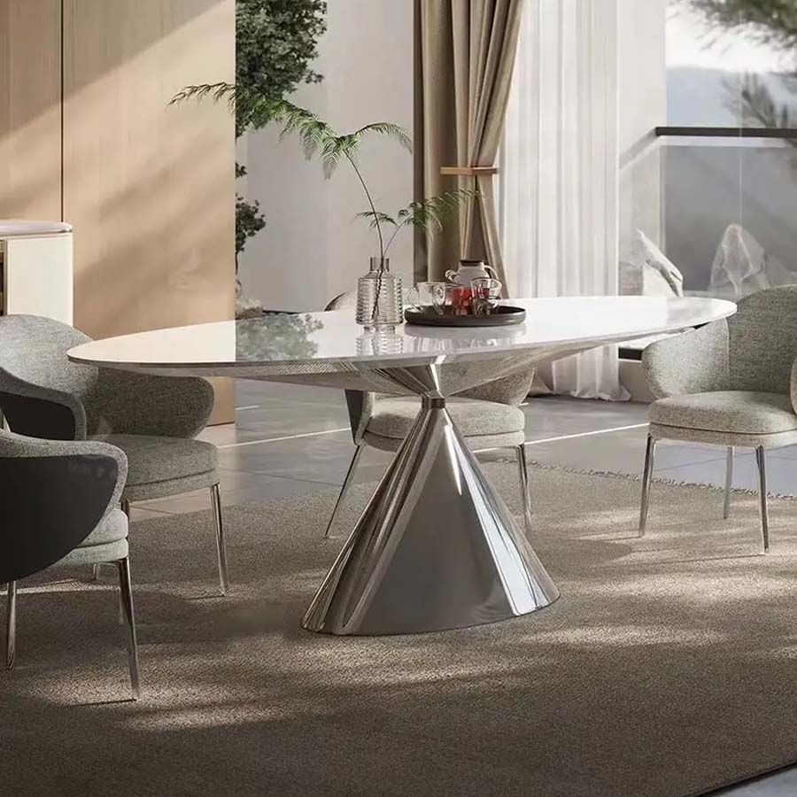 Bàn Ăn Oval Kiểu Ý Cao Cấp – Mặt Đá Ceramic, Chân Inox Tráng Gương Hình Nón Úp Ngược, Sang Trọng Và Đẳng Cấp