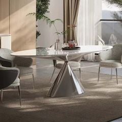 Bàn Ăn Oval Kiểu Ý Cao Cấp – Mặt Đá Ceramic, Chân Inox Tráng Gương Hình Nón Úp Ngược, Sang Trọng Và Đẳng Cấp