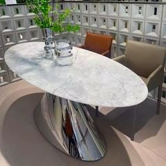 Bàn Ăn Oval Kiểu Ý Cao Cấp – Mặt Đá Ceramic, Chân Inox Tráng Gương Hình Nón Úp Ngược, Sang Trọng Và Đẳng Cấp