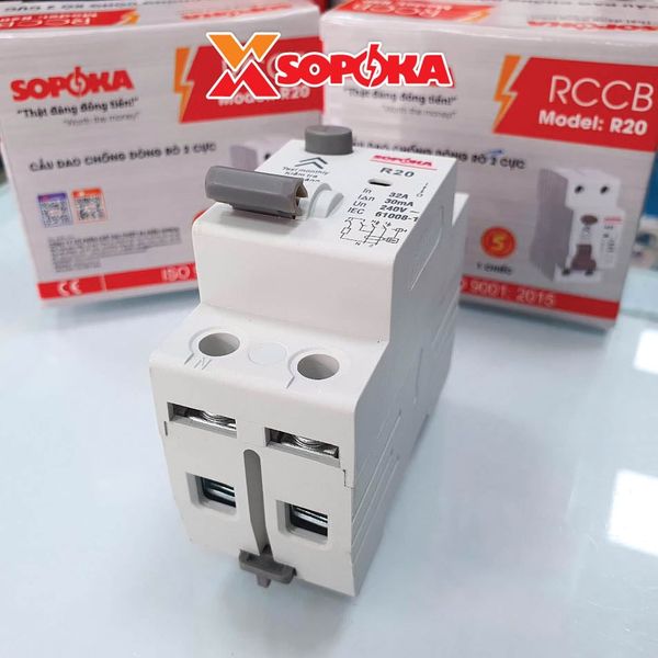 Aptomat Chống Giật 1 Pha 2P, RCCB Chống Giật 1 Pha 2P 30mA SOPOKA