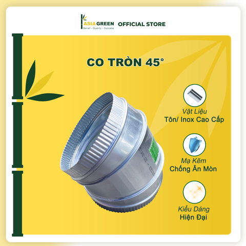 ASIA GREEN - Co Tròn 45°, Chuyển Hướng Gió, Tôn/inox Mạ Kẽm, Chống Ăn Mòn, Độ Dày 0.58mm (Giá bao gồm VAT)