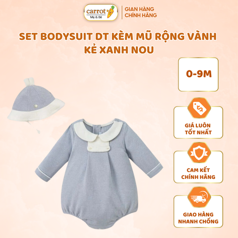 Set Bodysuit Dài Tay Kèm Mũ Rộng Vành Kẻ Xanh Nous Cho Bé Từ 0-9M