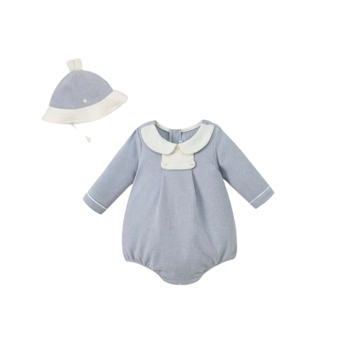 Set Bodysuit Dài Tay Kèm Mũ Rộng Vành Kẻ Xanh Nous Cho Bé Từ 0-9M