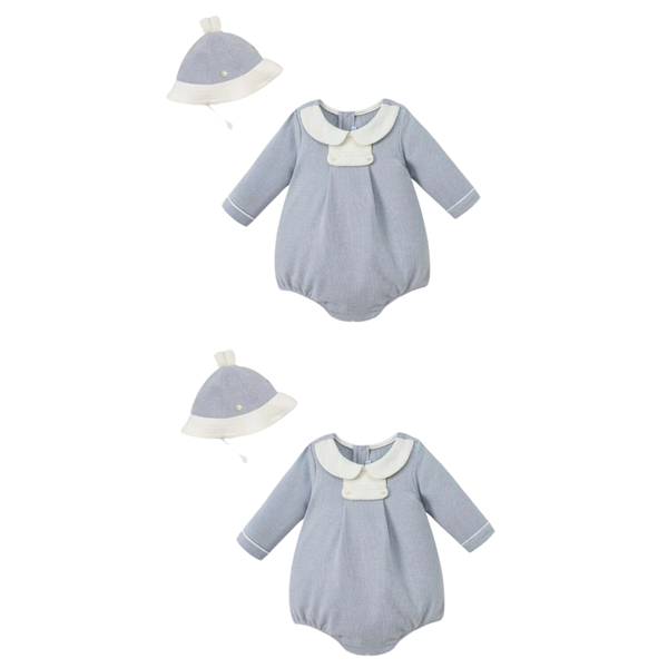 Set Bodysuit Dài Tay Kèm Mũ Rộng Vành Kẻ Xanh Nous Cho Bé Từ 0-9M