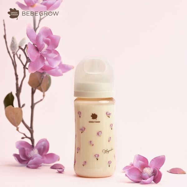 Bình sữa Green Finger BebeGrow 280ml nhựa PPSU  Họa tiết hoa tím - Kèm Núm Size M